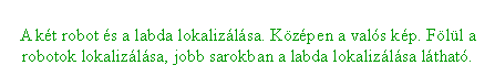 Szvegdoboz: A kt robot s a labda lokalizlsa. Kzpen a vals kp. Fll a robotok lokalizlsa, jobb sarokban a labda lokalizlsa lthat.